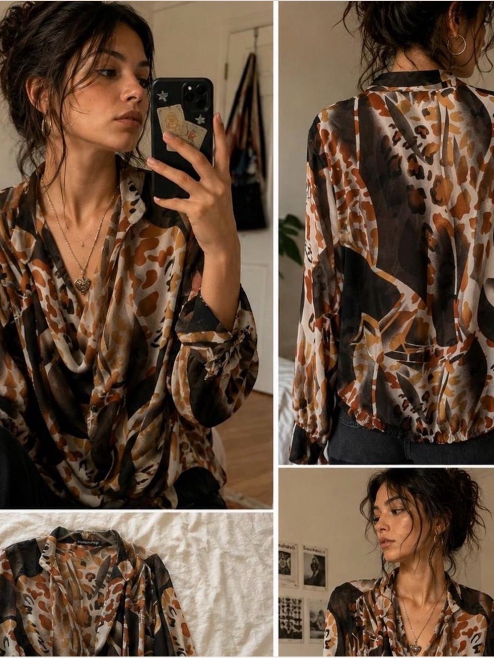 Womens Brown Leopard Print Satin Blouse
